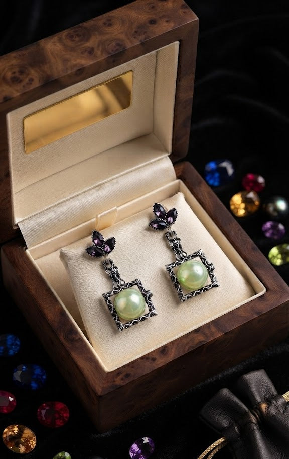 Close-up of oxidised silver marcasite fleur-de-lis trefoil stud and square scalloped wave frame with large cream ivory pearl cabochon centre – AureliaBlends antique vintage drop earrings detail