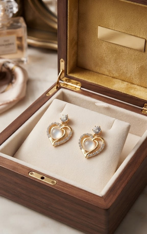Model wearing gold CZ open heart moonstone drop earrings with a sleek updo in a warm luxury interior – AureliaBlends romantic bridal earrings side profile
