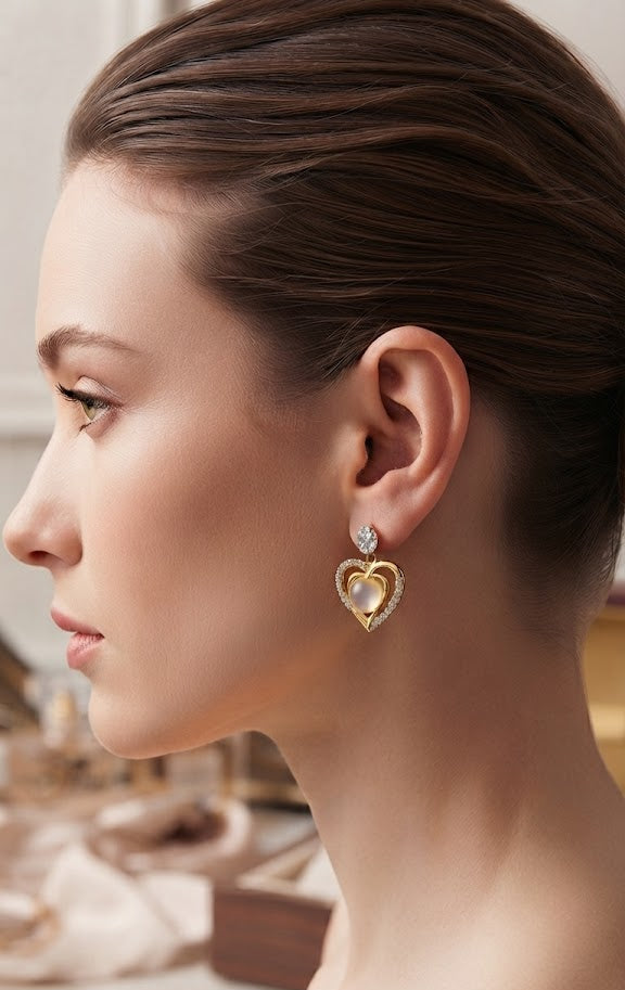 Gold CZ open heart moonstone drop earrings flat lay on white linen with a cream rose, rose petals, vintage perfume bottle, compact mirror, leather journal and pink satin ribbon on marble – AureliaBlends