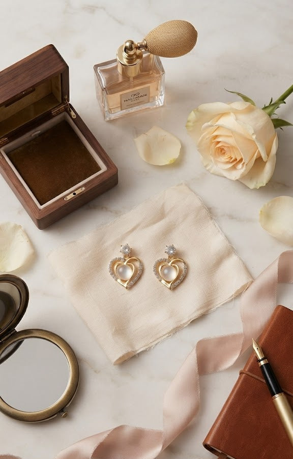 Gold CZ open heart moonstone drop earrings flat lay on white linen with a cream rose, rose petals, vintage perfume bottle, compact mirror, leather journal and pink satin ribbon on black background – AureliaBlends