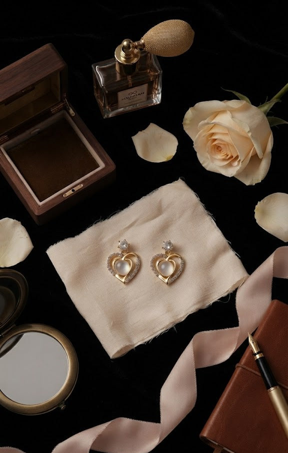 Close-up of gold CZ open heart moonstone drop earrings on black velvet in a dark walnut jewellery box with warm bokeh background – AureliaBlends statement dangle earrings