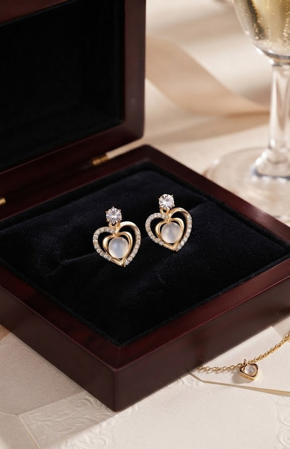 Gold CZ open heart moonstone drop earrings displayed in a luxury dark walnut jewellery box on black velvet with warm gold bokeh background – AureliaBlends romantic gift jewellery