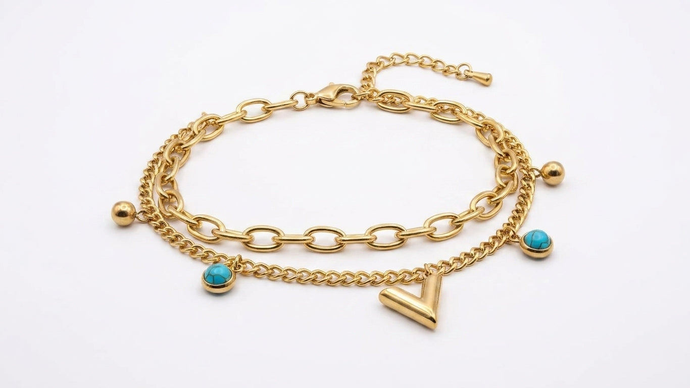 Gold double layer turquoise charm bracelet anklet in open green velvet luxury gift box on white gift box with gold satin ribbon and A Special Gift for You card on marble table – AureliaBlends