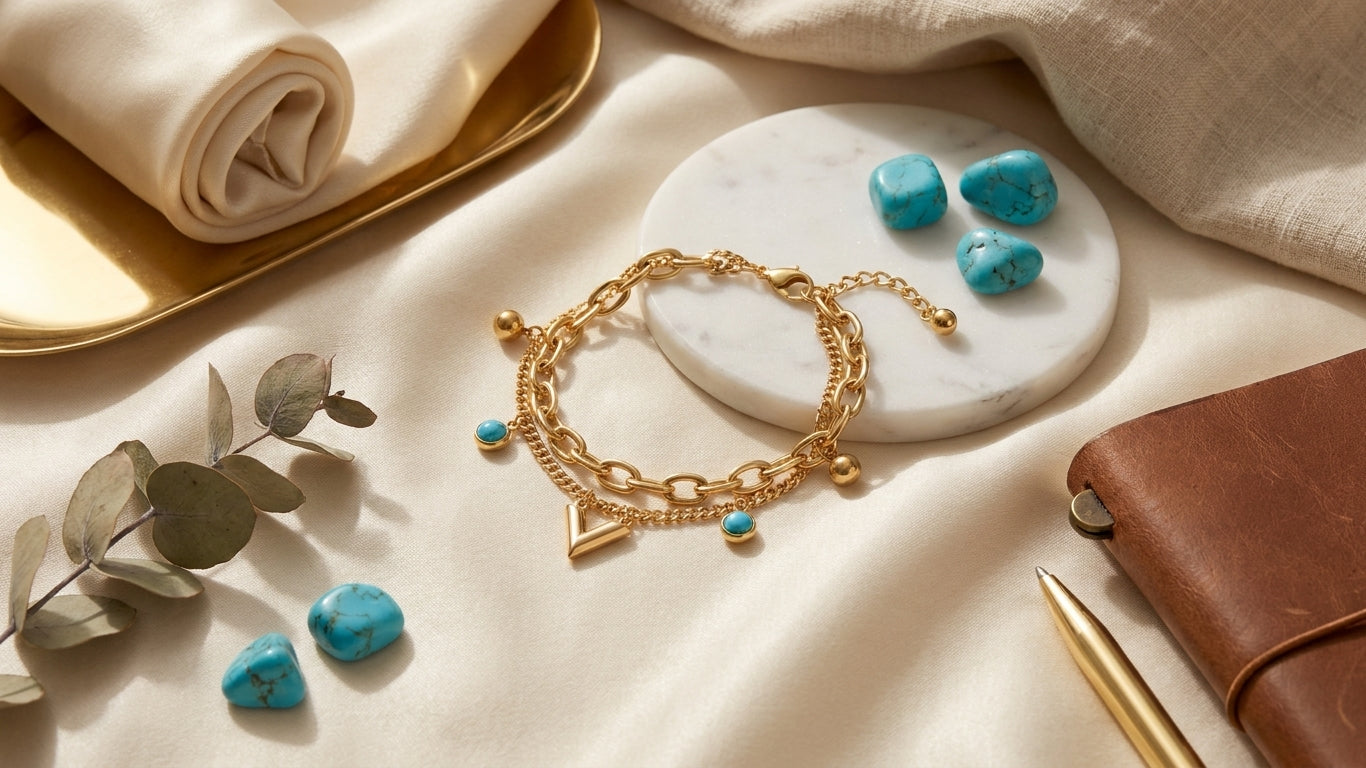 Gold double layer oval link and curb chain turquoise charm bracelet anklet flat lay on white background showing full design lobster clasp and extension chain – AureliaBlends