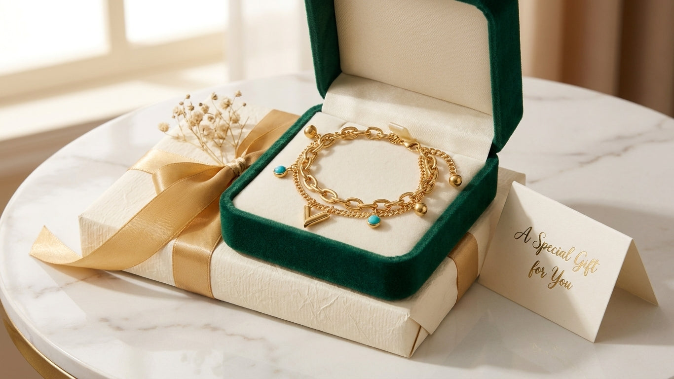 Gold double layer turquoise stone and chevron charm bracelet anklet displayed in open navy blue velvet luxury jewelry box on wooden table – AureliaBlends