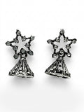 Oxidised silver CZ star pavé and conical filigree jhumka bell drop earrings in open dark burl walnut jewellery box with cream satin lining on wooden surface – AureliaBlends ethnic earrings