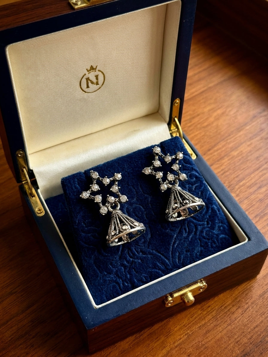 Oxidised silver CZ star and filigree jhumka bell drop earrings on white background showing full design detail – AureliaBlends antique silver ethnic dangle earrings