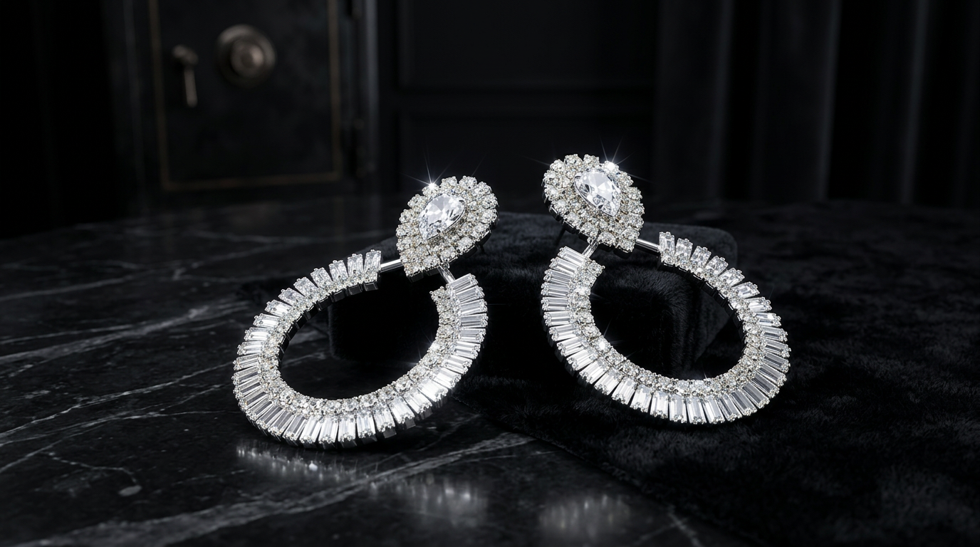 A pair of large silver-toned hoop earrings adorned with numerous clear baguette and round-cut stones, displayed on a black marble surface against a dark background.