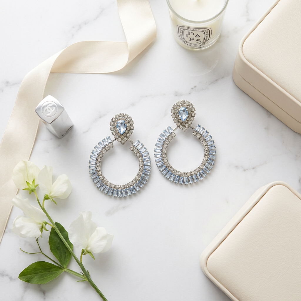 A pair of silver-toned huggie hoop earrings with clear rhinestone-studded circular drops and a marquise-cut clear stone at the top, arranged on a white marble surface with cream jewelry boxes, a cream ribbon, white flowers, and a lit candle.