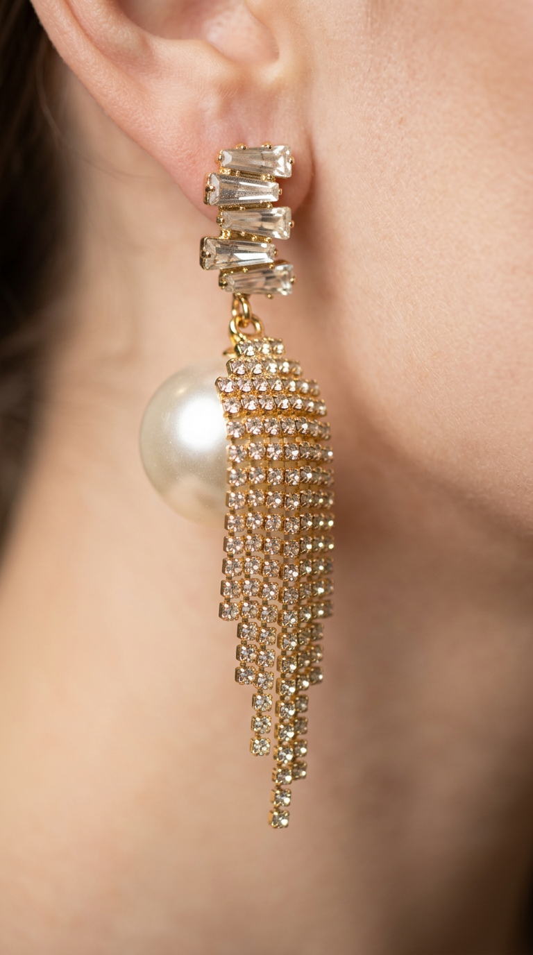 A close-up of a model's ear wearing a statement dangle earring. The earring features a gold-toned setting with clear rectangular crystals, a large white pearl, and cascading gold-toned crystal fringe.