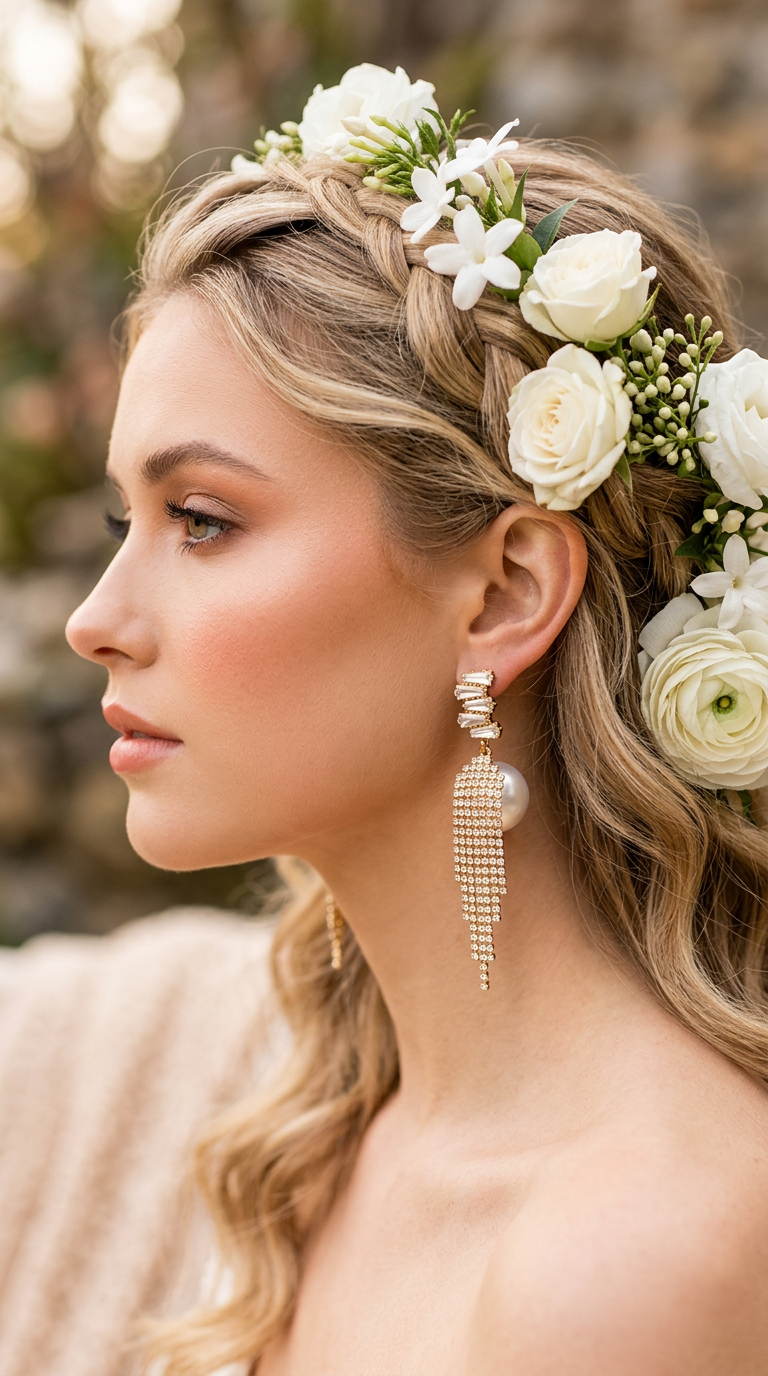 A woman in profile wearing a floral crown of white roses and greenery, with long dangling gold rhinestone earrings, in a softly blurred outdoor setting.