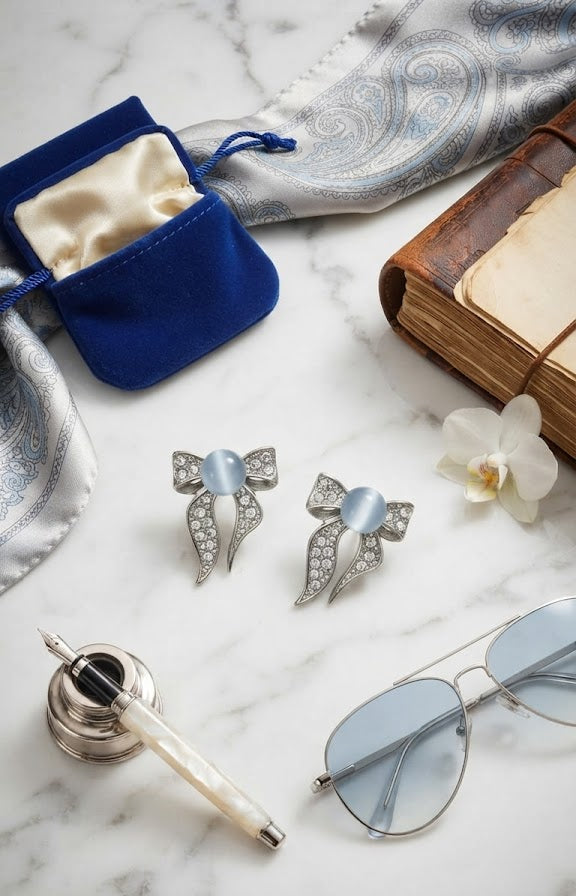Silver pavé CZ moonstone bow stud earrings flat lay on white marble with a blue velvet pouch, blue paisley silk scarf, vintage leather journal, white orchid, silver fountain pen and blue aviator sunglasses – AureliaBlends lifestyle shot