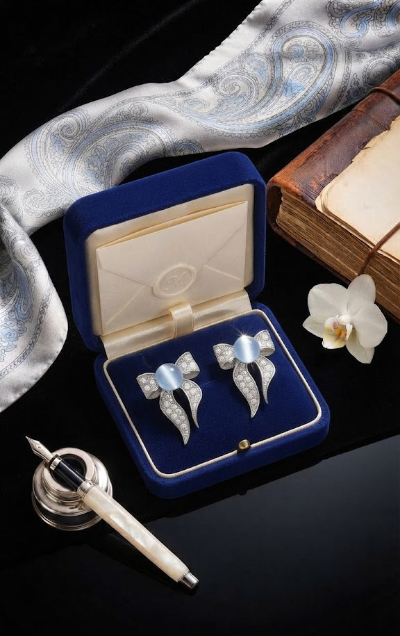 Silver pavé CZ moonstone bow stud earrings displayed in a navy blue velvet jewellery box on black velvet with a white orchid and silver fountain pen – AureliaBlends statement stud earrings