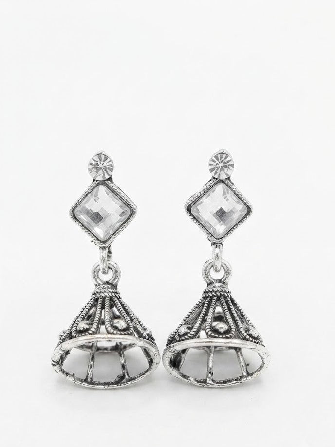 Oxidised silver diamond CZ bezel stud and open conical filigree jhumka bell drop earrings in open dark walnut wood jewellery box with burgundy plum velvet lining and gold clasp – AureliaBlends ethnic earrings