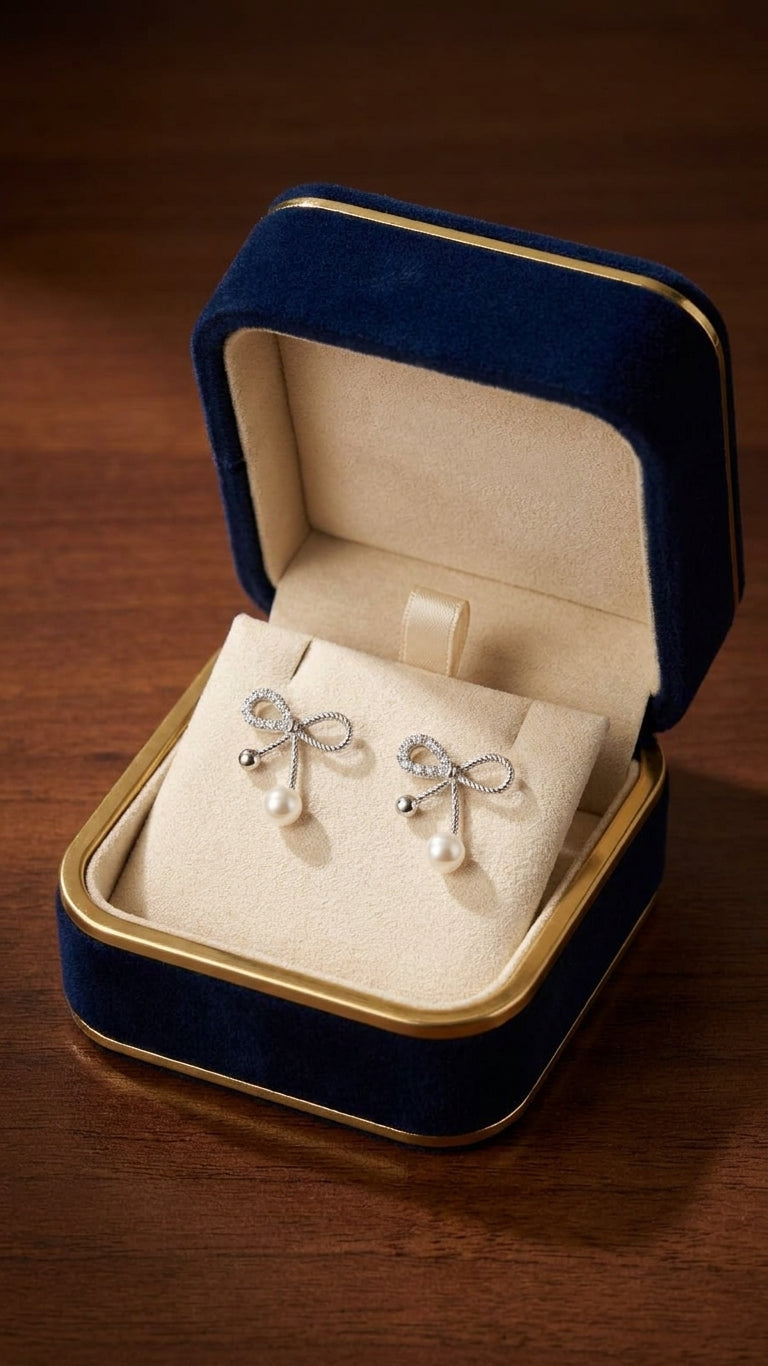 Model wearing silver CZ twisted rope bow pearl drop earrings with a sleek updo in a warm neutral interior – AureliaBlends bridal earrings side profile close-up