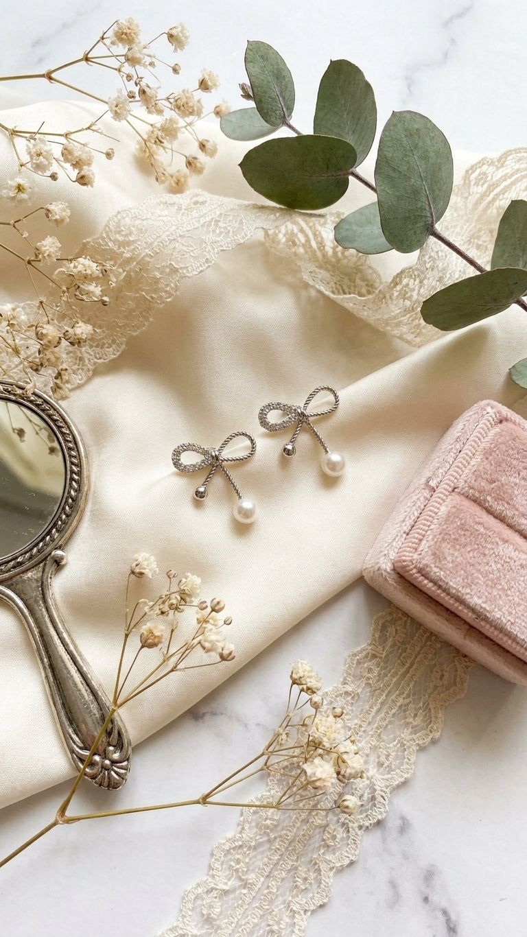 Silver CZ twisted bow pearl drop earrings in an open white gift box with silver ribbon and 'A Little Sparkle for You' card on ivory satin with baby's breath – AureliaBlends gift jewellery