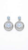 Silver aquamarine CZ double orbit moonstone drop earrings on white background – AureliaBlends Moonstone & Diamonds Timeless Elegance Collection product shot