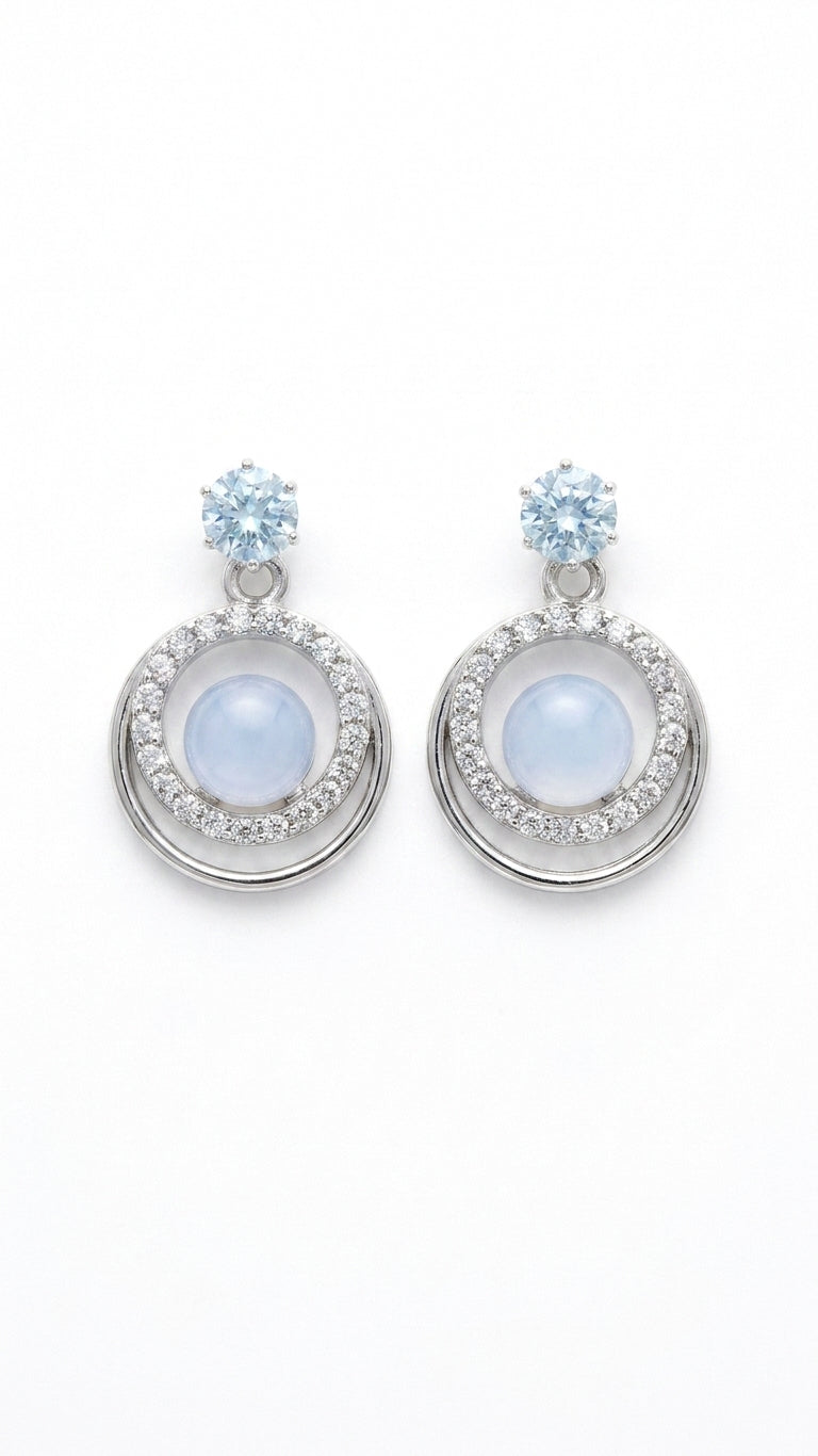 Silver aquamarine CZ double orbit moonstone drop earrings on white background – AureliaBlends Moonstone & Diamonds Timeless Elegance Collection product shot