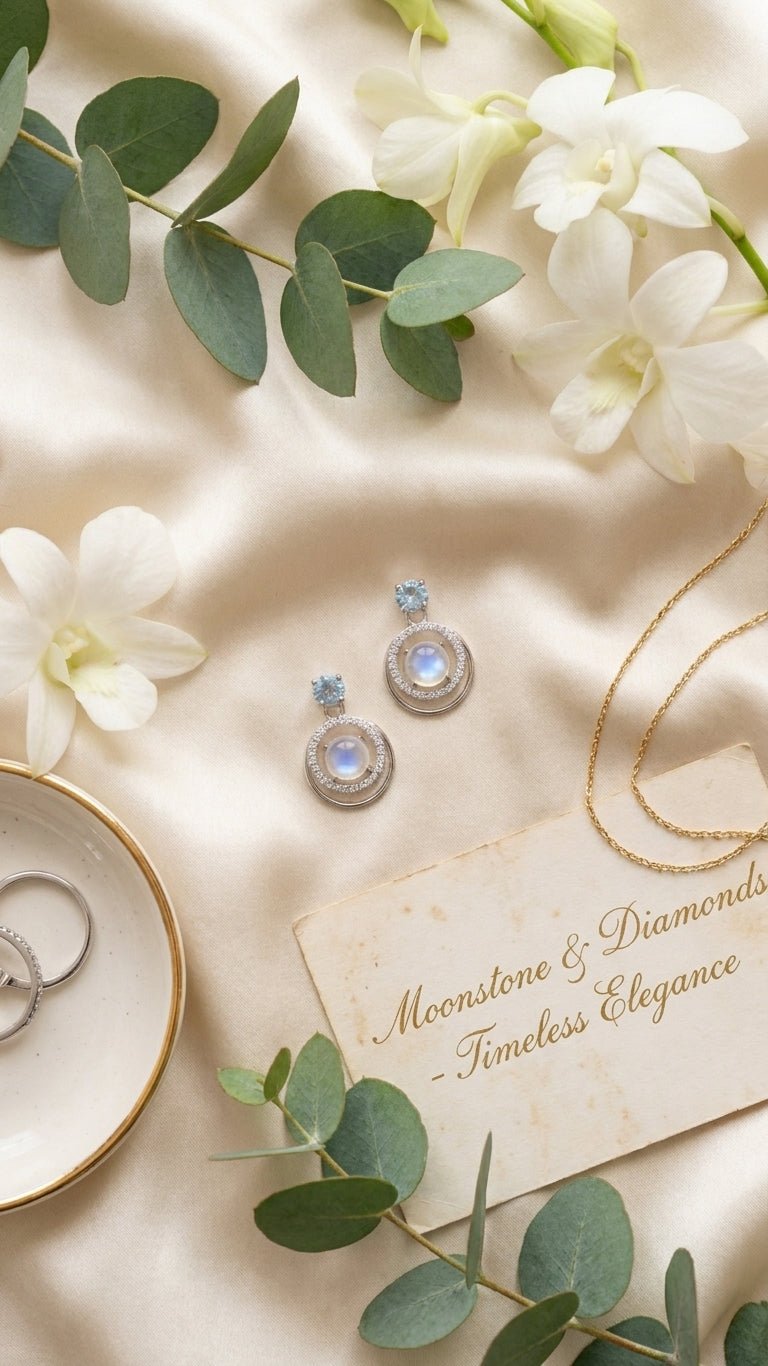 Silver aquamarine CZ double orbit moonstone drop earrings flat lay on ivory silk with white orchids, eucalyptus, a gold chain necklace, silver ring dish and a Moonstone & Diamonds Timeless Elegance card – AureliaBlends