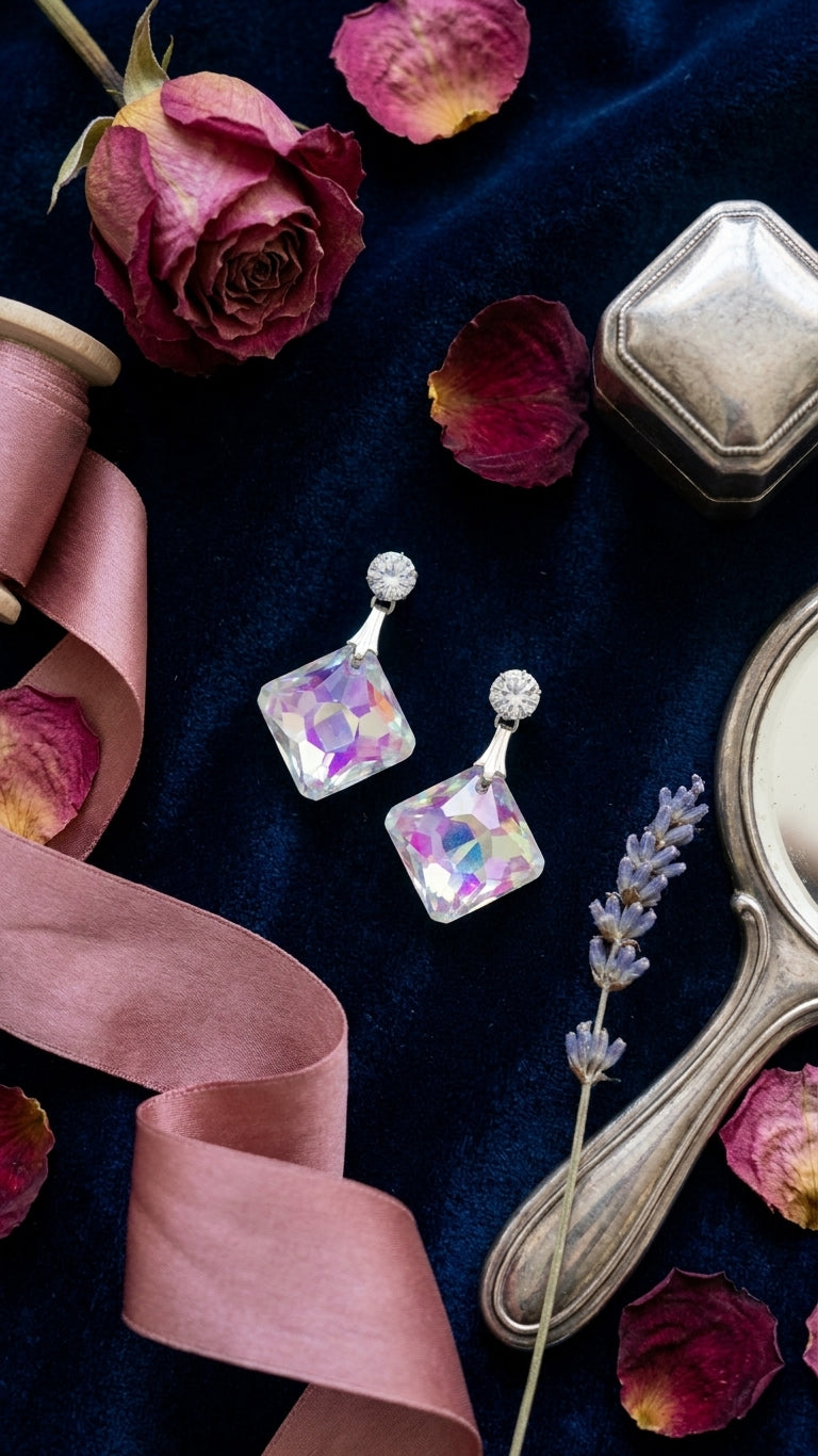 Silver CZ stud and aurora borealis iridescent square crystal drop earrings on black velvet tray showing full rainbow iridescent shimmer of pink purple blue and gold – AureliaBlends statement crystal earrings