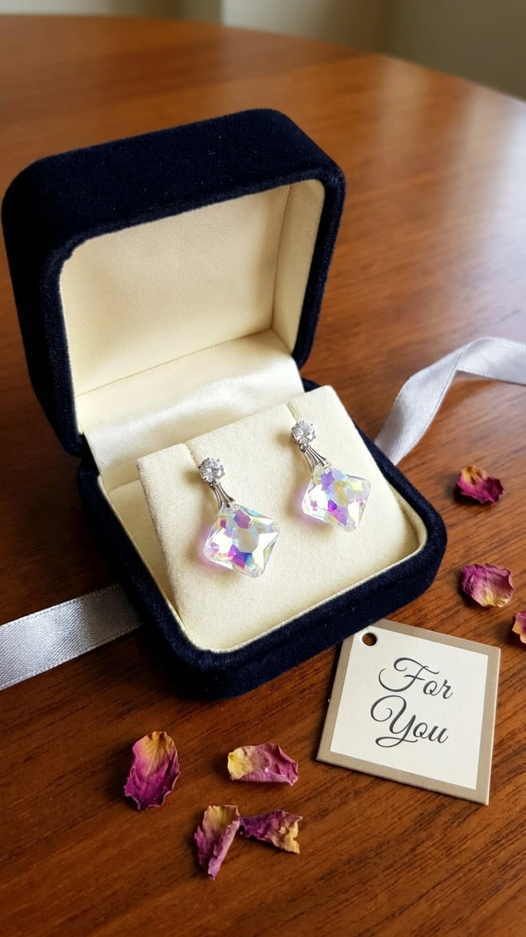 Silver CZ stud and aurora borealis iridescent square crystal drop earrings on jewel-toned multi-colour velvet cushion with navy blue purple red and green velvet showing rainbow crystal shimmer – AureliaBlends