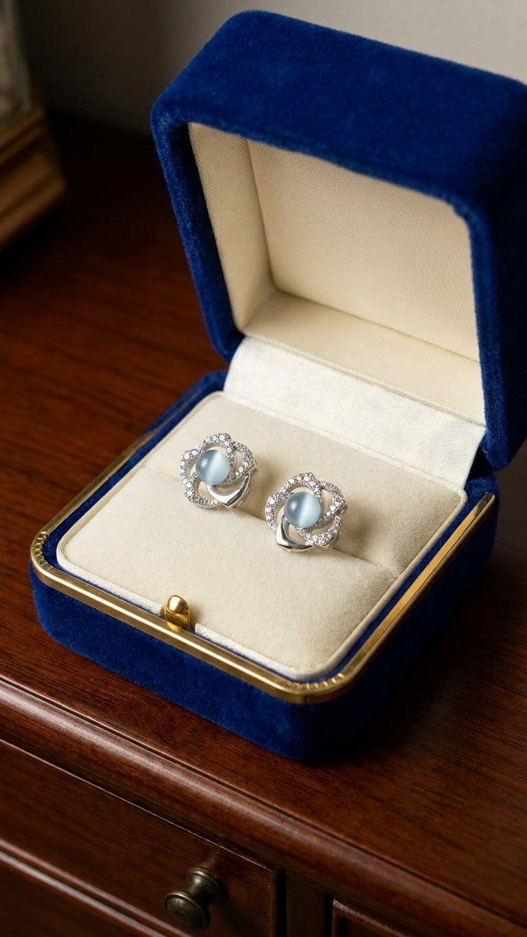 Silver pavé CZ swirl floral moonstone stud earrings flat lay on champagne satin with baby’s breath, loose pearls and a silver filigree tray – AureliaBlends romantic bridal earrings