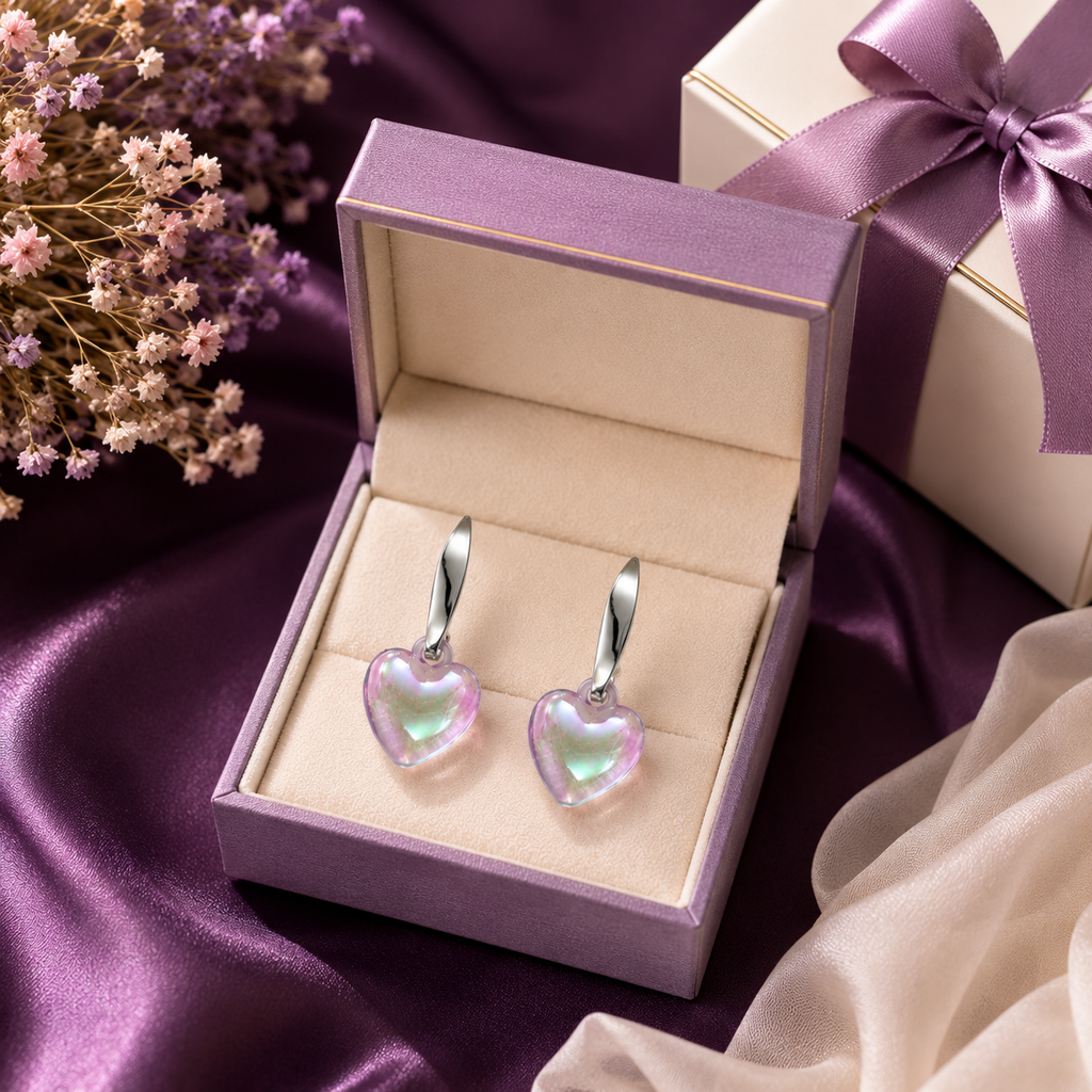 Silver huggie hoop and iridescent aurora heart crystal drop earrings on blush pink satin gift box lid surrounded by blush pink roses gypsophila and scattered rose petals – AureliaBlends Valentine gift earrings