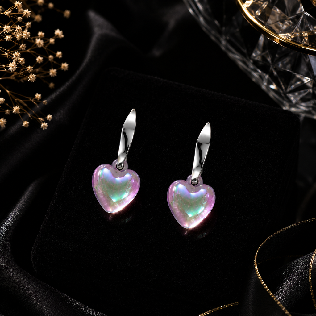 Silver huggie hoop and iridescent aurora heart crystal drop earrings in open cream jewellery gift box in luxury jewellery boutique setting with blush pink roses Made to be Cherished acrylic sign and A Little Gift A Lot of Love pink gift box – AureliaBlends bridal earrings