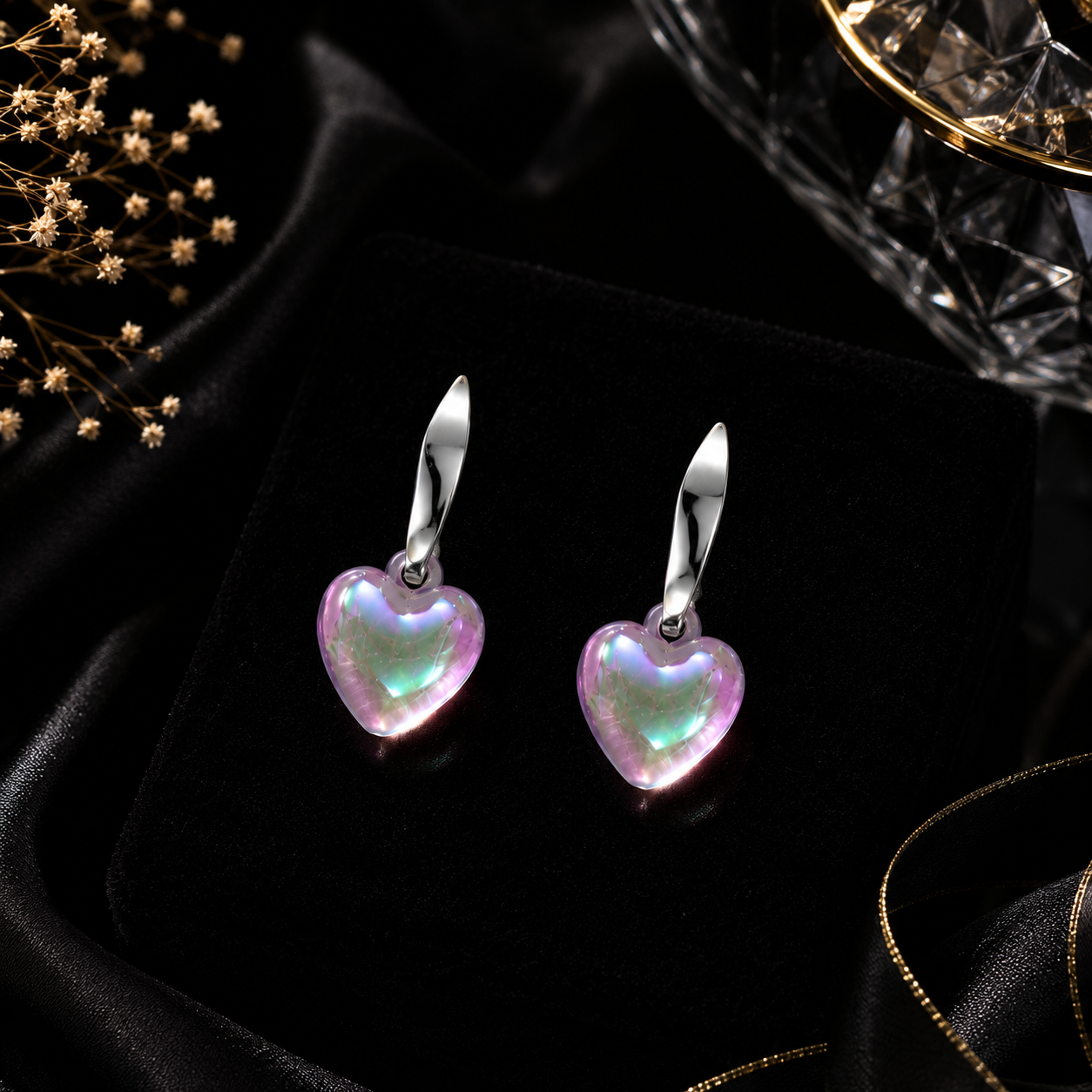 Silver huggie hoop and iridescent aurora heart crystal drop earrings in open cream jewellery gift box in luxury jewellery boutique setting with blush pink roses Made to be Cherished acrylic sign and A Little Gift A Lot of Love pink gift box – AureliaBlends bridal earrings
