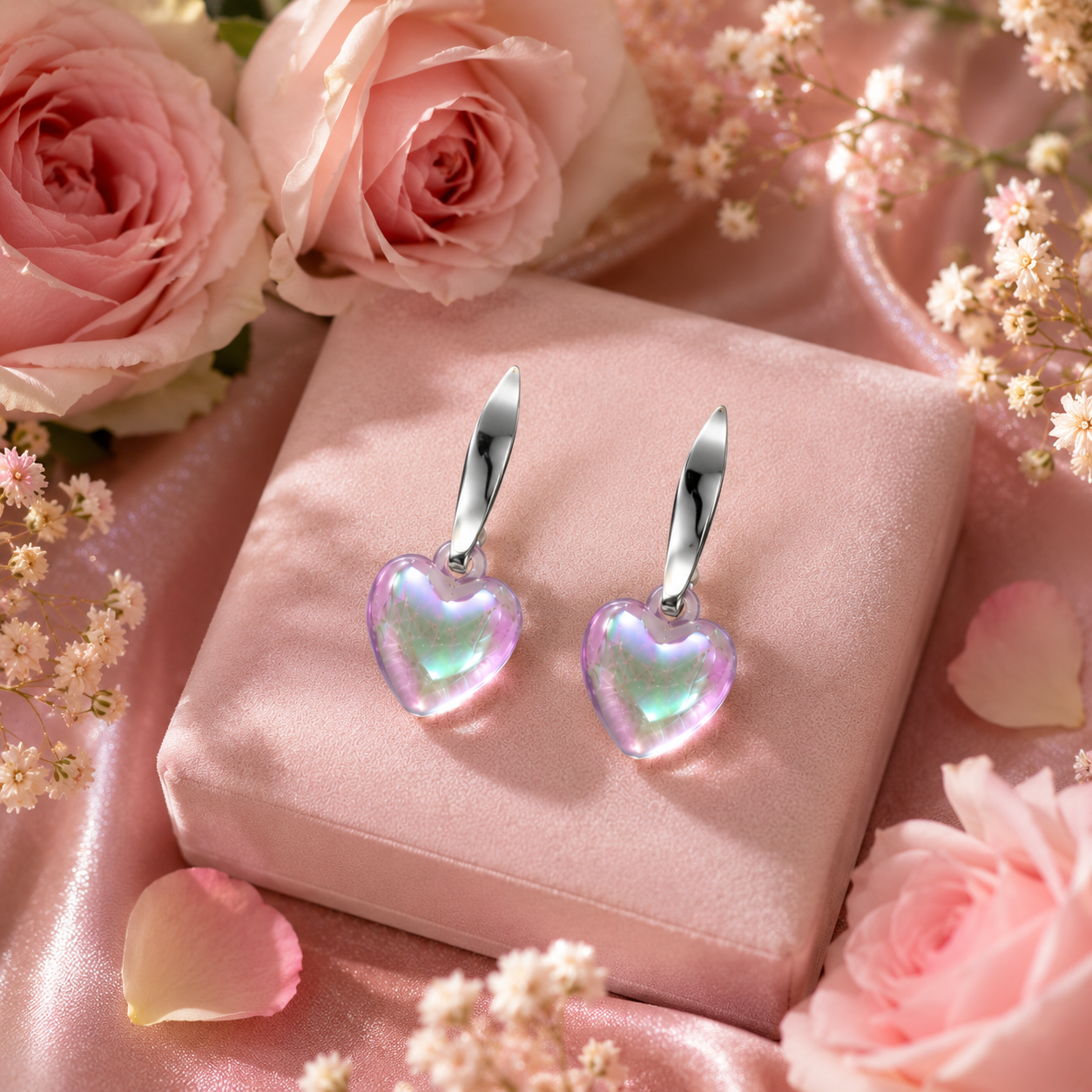 Close-up of silver twisted huggie hoop and puffy 3D iridescent aurora heart crystal pendant showing blush pink mint green lavender pearl white shimmer – AureliaBlends aurora heart drop earrings detail