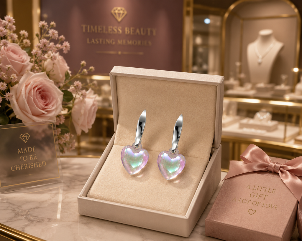 AureliaBlends silver huggie hoop and iridescent aurora heart crystal drop earrings lifestyle editorial flat lay on cream satin with dried peony pearl necklace and gold scalloped dish