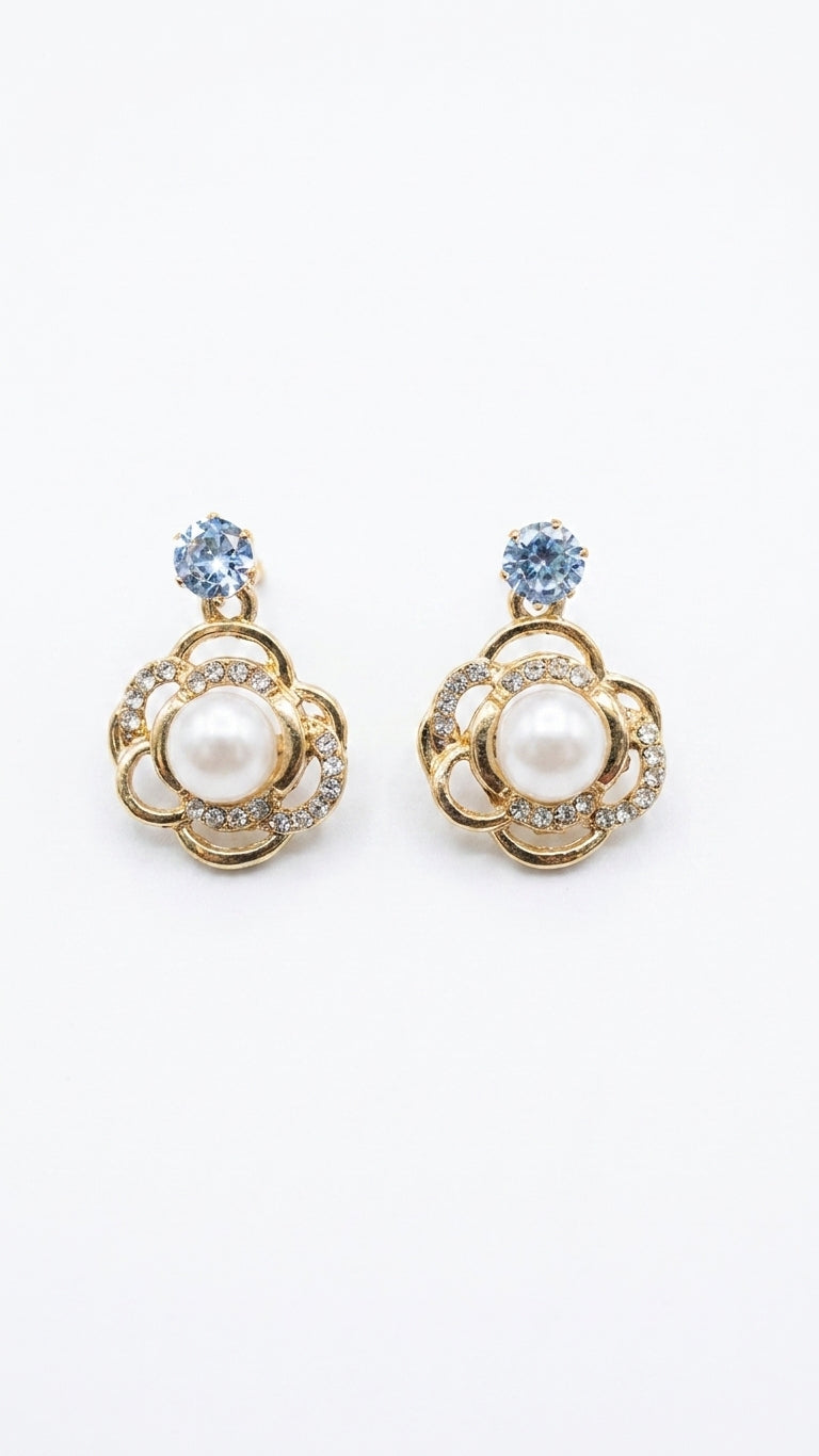 Gold open floral CZ pearl drop earrings with aquamarine blue CZ stud on white background – AureliaBlends bridal dangle earrings product shot