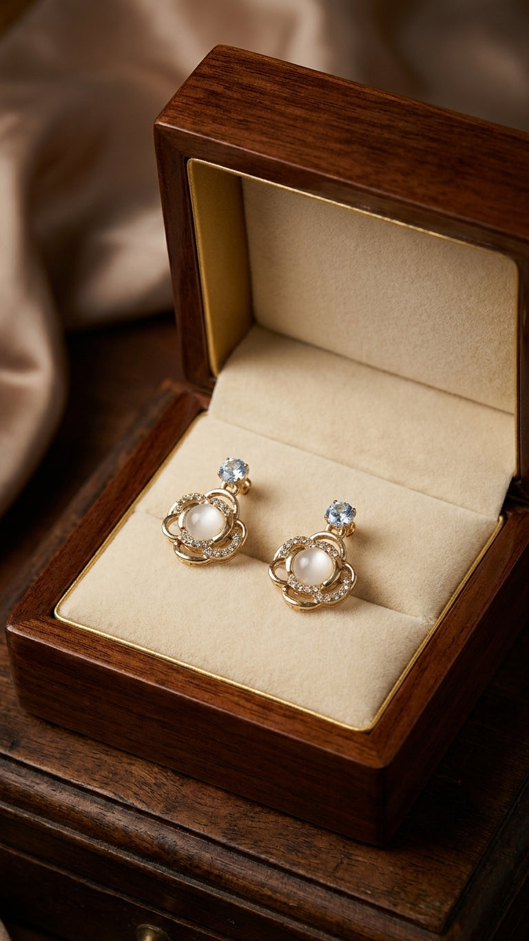 Gold open floral CZ pearl drop earrings with aquamarine stud displayed in an open dark walnut jewellery box with cream velvet cushion on a wooden surface with champagne satin drape – AureliaBlends luxury bridal earrings