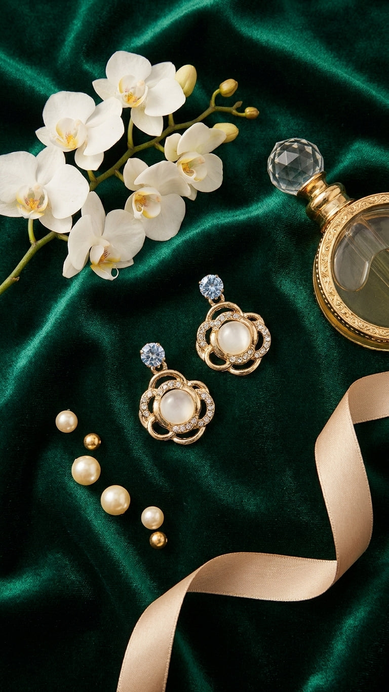 Gold open floral CZ pearl drop earrings with aquamarine stud flat lay on emerald green velvet with white orchids, loose pearls, gold beads, a vintage gold perfume bottle and champagne satin ribbon – AureliaBlends