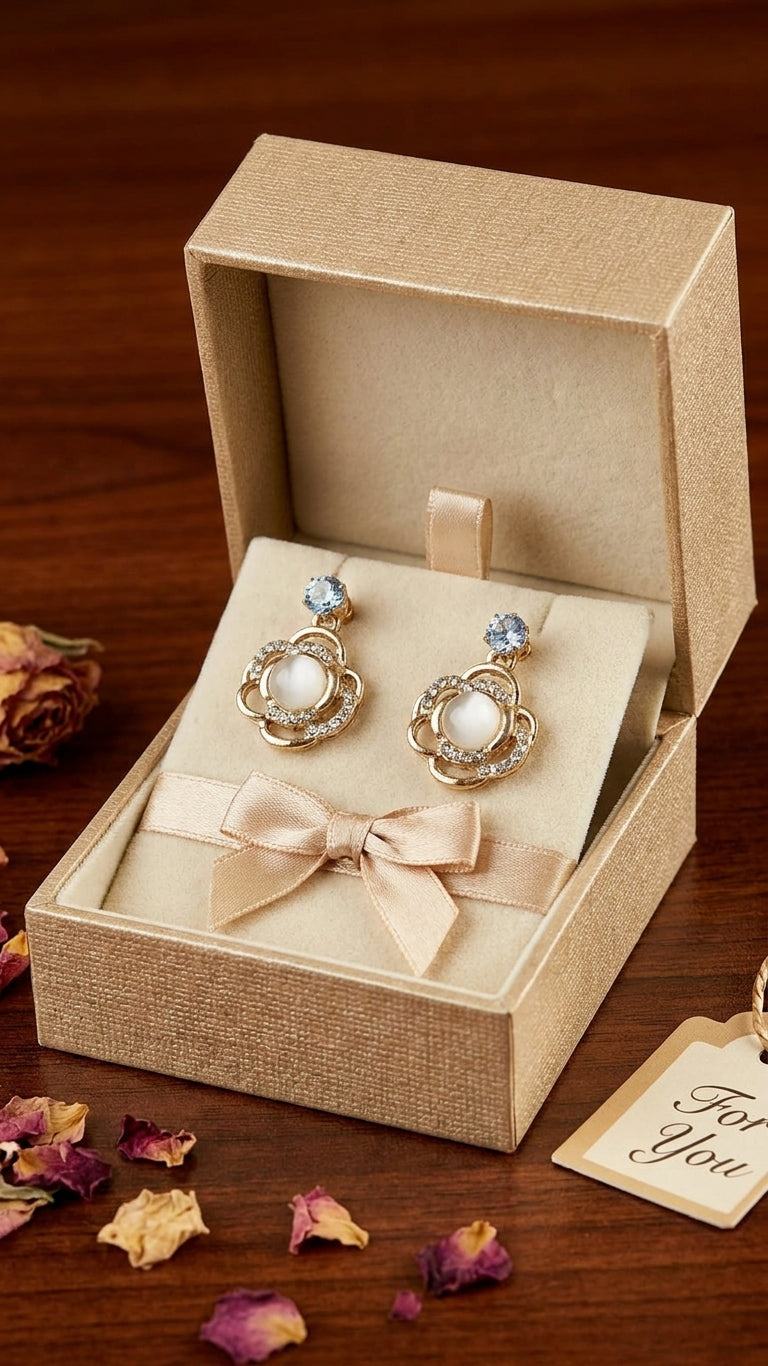 Gold open floral CZ pearl drop earrings with aquamarine stud in an open champagne linen gift box with cream satin bow and 'For You' tag on a dark wood surface with dried rose petals – AureliaBlends gift jewellery