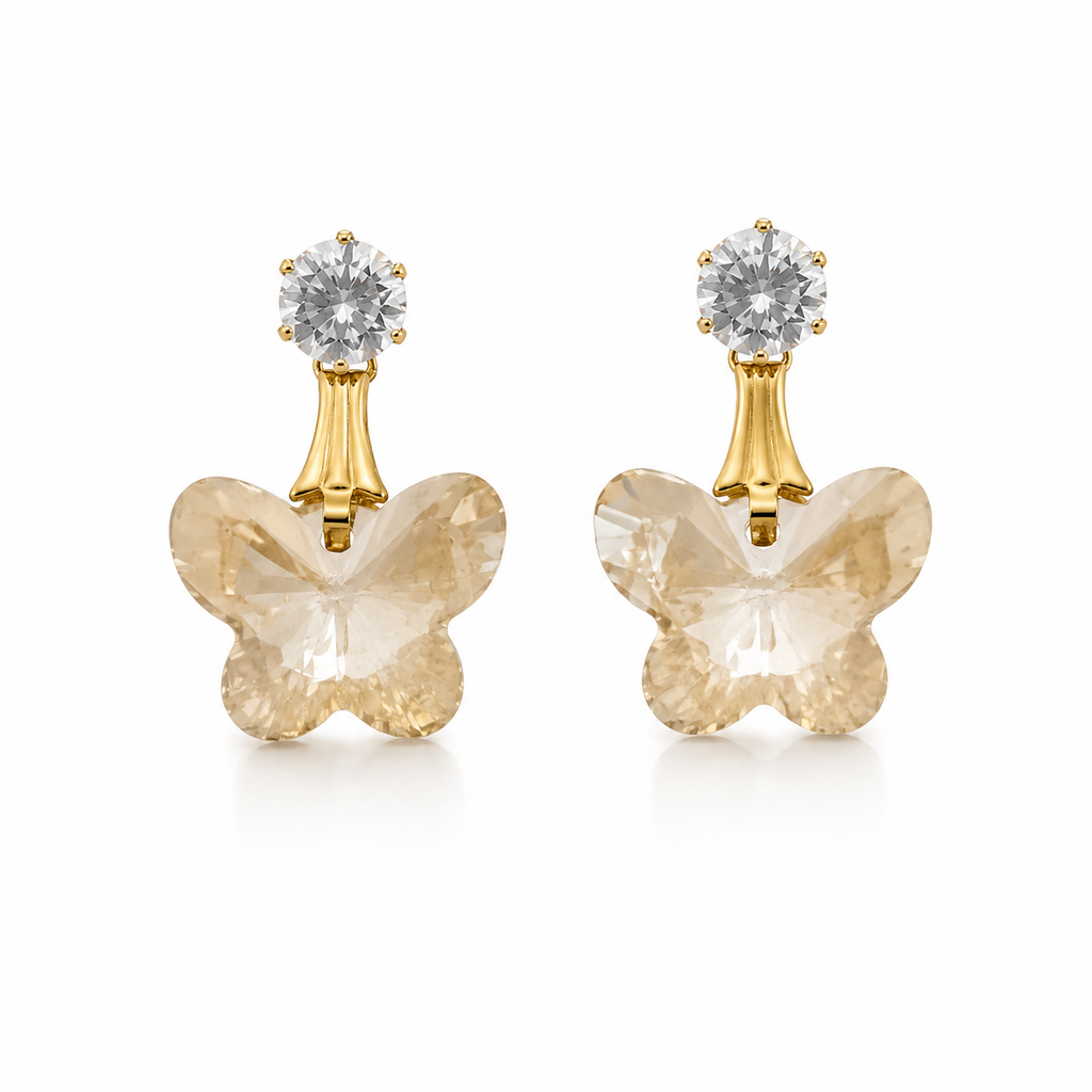All 5 colourways of gold-plated CZ stud and faceted butterfly crystal drop earrings displayed in beige velvet multi-compartment jewellery tray – champagne golden shadow, emerald green, periwinkle blue, smoky grey, magenta olivine – AureliaBlends