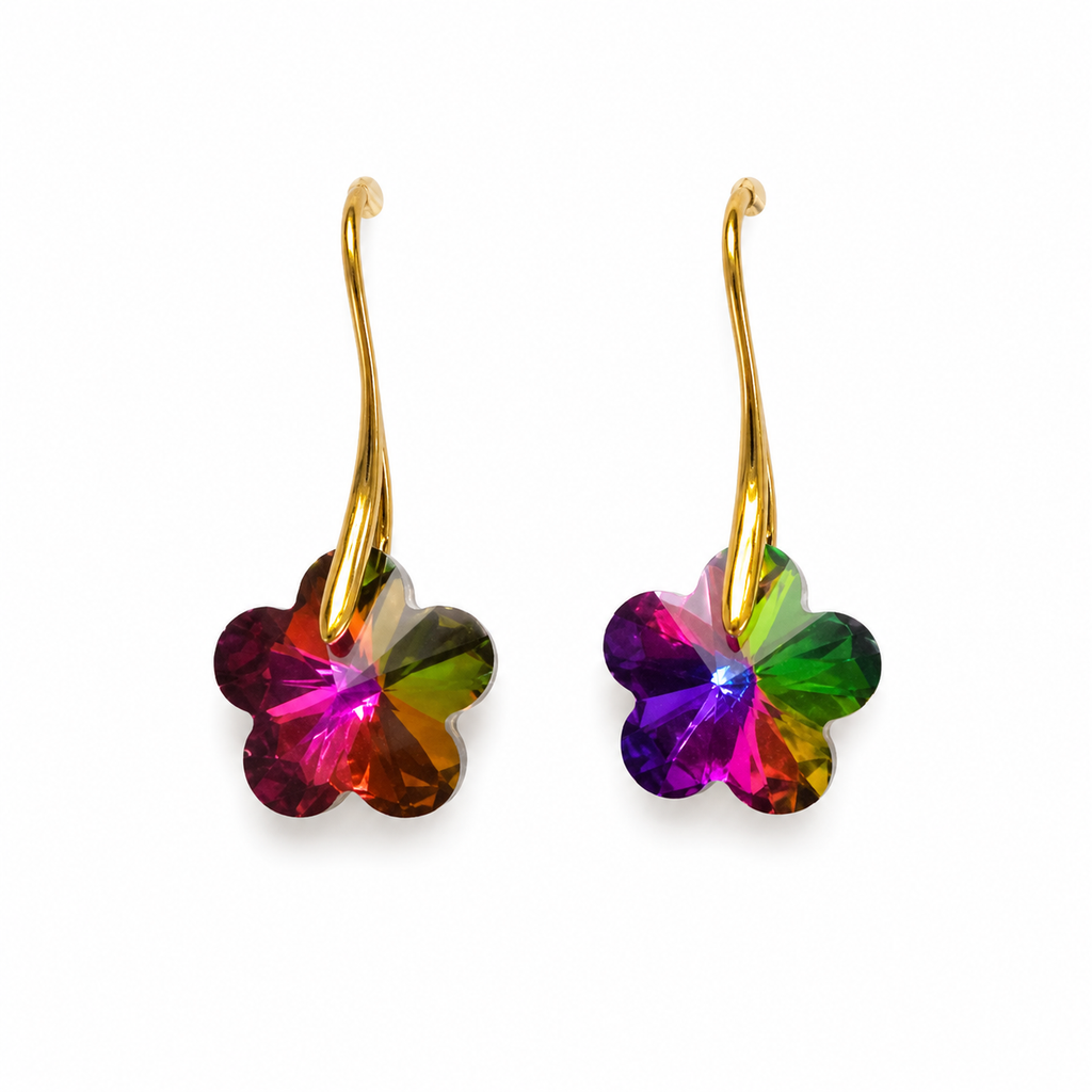 Pair of gold-plated vitrail rainbow 5-petal flower faceted crystal hook drop earrings on white background showing full multicolour vitrail coating with magenta emerald violet ruby and electric blue – AureliaBlends crystal flower earrings