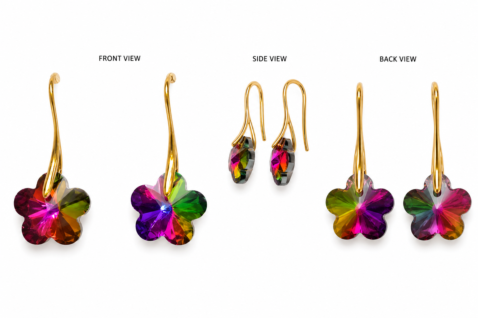 Gold-plated vitrail rainbow flower crystal hook drop earrings multi-angle product shot showing front view side view and back view of 5-petal faceted crystal and elongated gold French wire hook – AureliaBlends