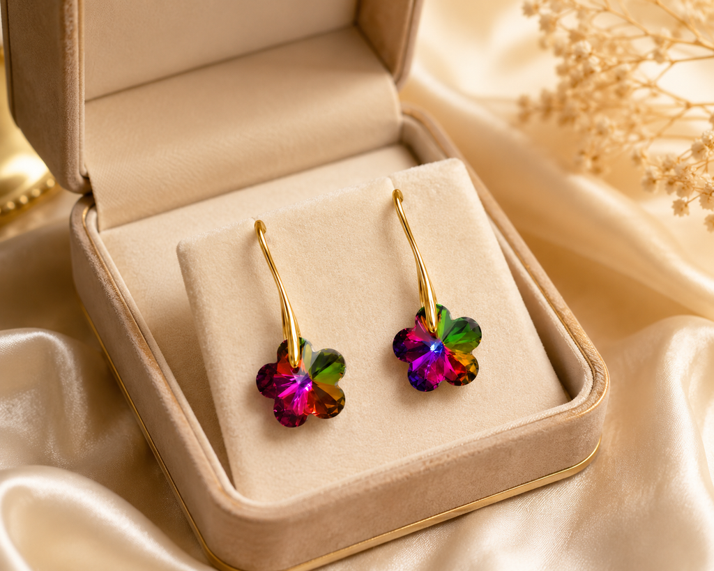 Gold-plated vitrail rainbow flower crystal hook drop earrings in open cream beige velvet jewellery gift box with gold trim on cream satin with dried gypsophila – AureliaBlends luxury gift earrings