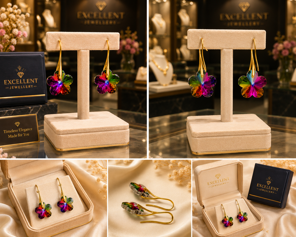 Gold-plated vitrail rainbow flower crystal hook drop earrings displayed on cream suede T-bar earring stand on black marble counter in luxury jewellery boutique with Excellent Jewellery branding and Timeless Elegance Made for You sign – AureliaBlends editorial