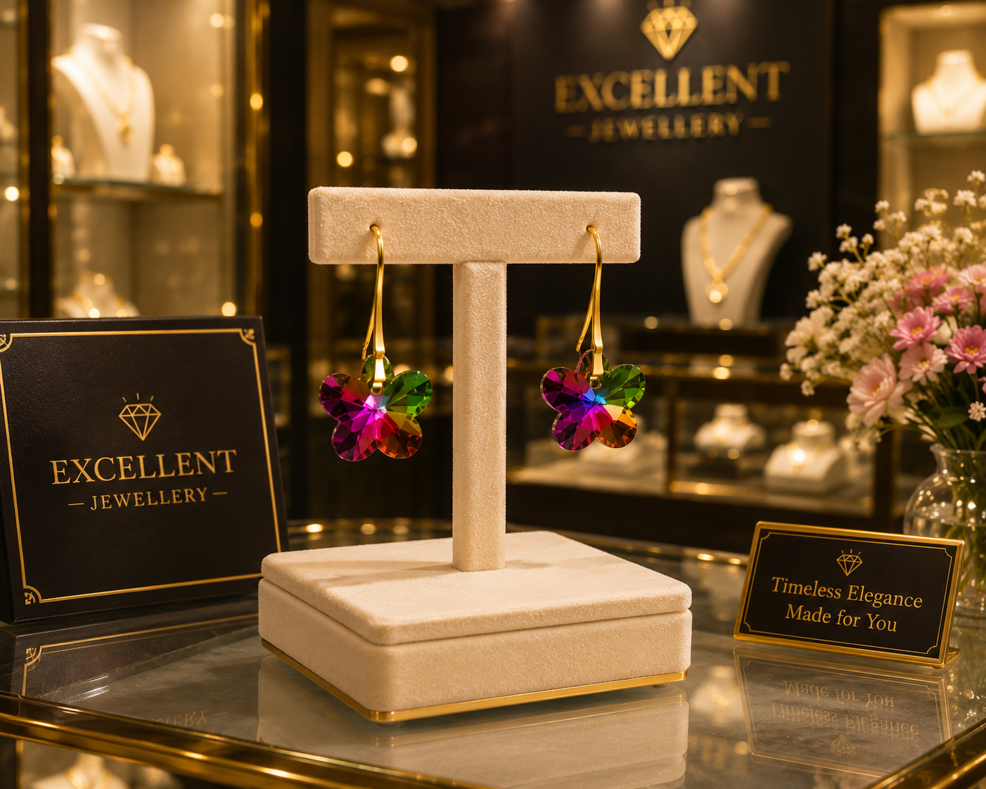 Gold-plated vitrail rainbow flower crystal hook drop earrings on cream suede T-bar stand in luxury jewellery boutique setting with warm gold lighting Excellent Jewellery signage and pink flowers – AureliaBlends statement earrings