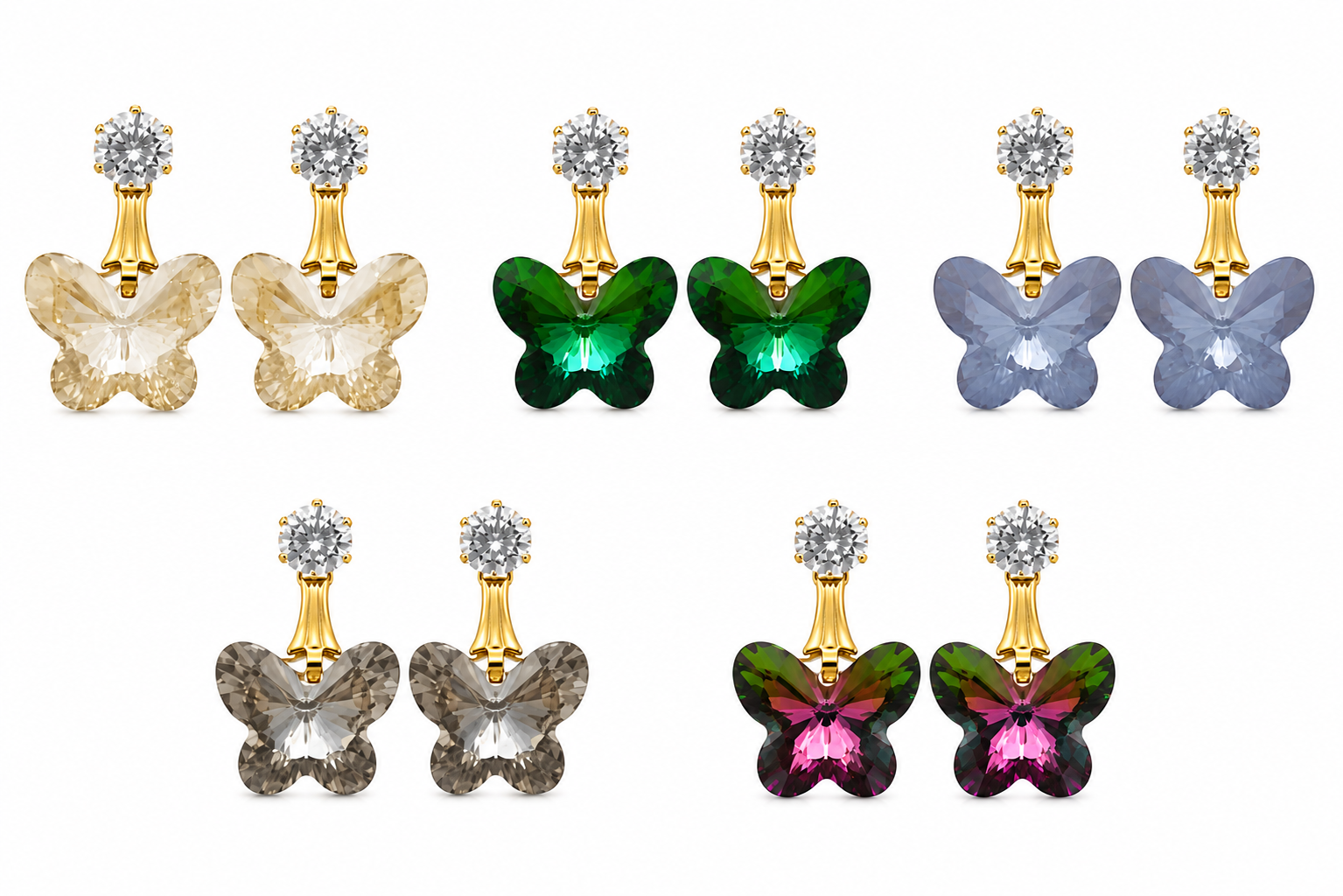 Model with elegant low bun wearing gold-plated CZ stud and champagne golden shadow faceted butterfly crystal drop earrings in warm boutique lighting – AureliaBlends butterfly dangle earrings