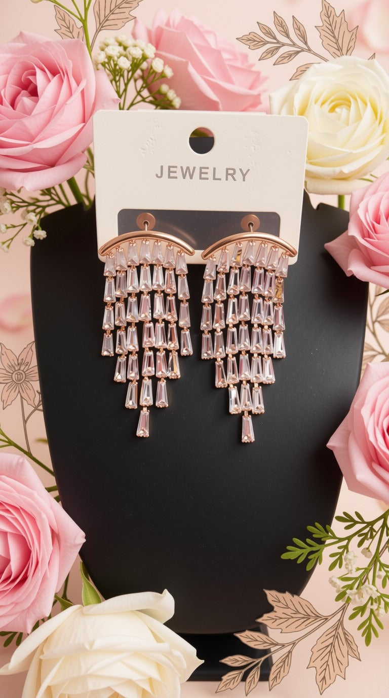 Rose gold dangling earrings with clear rhinestone fringe, displayed on a black jewelry bust with a white card labeled 'JEWELRY'. Pink and white roses and botanical illustrations frame the product.
