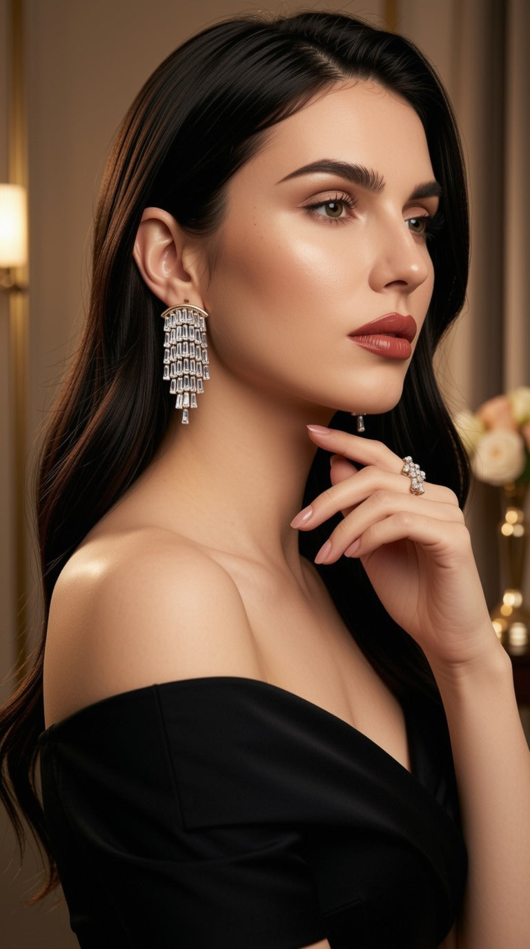 A woman with long dark hair is shown in a close-up portrait wearing a dramatic tiered silver statement dangle earring and a matching silver ring. She is wearing a black off-the-shoulder top against a warm, softly lit indoor background.