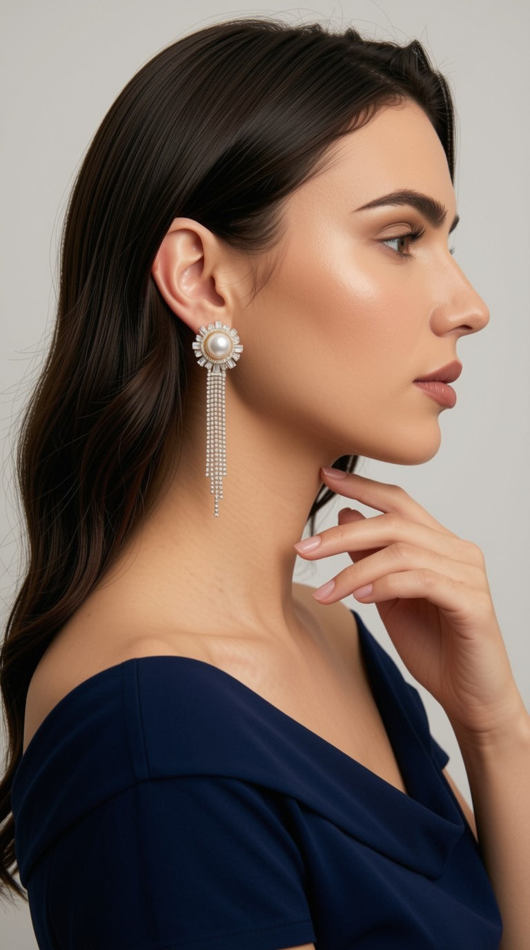 A woman in a navy blue dress wearing a long, dangling pearl and crystal earring, shown in a close-up profile against a light gray background.
