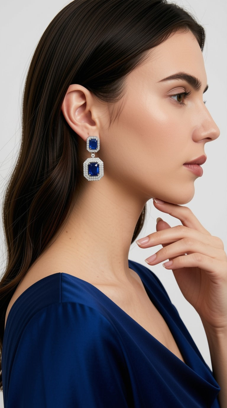 Royal Blue Crystal Statement Earrings | Elegant Geometric Dangle Drops | Bridal Wedding Jewelry for Bridesmaids | Classic Sapphire-Style Evening Earrings