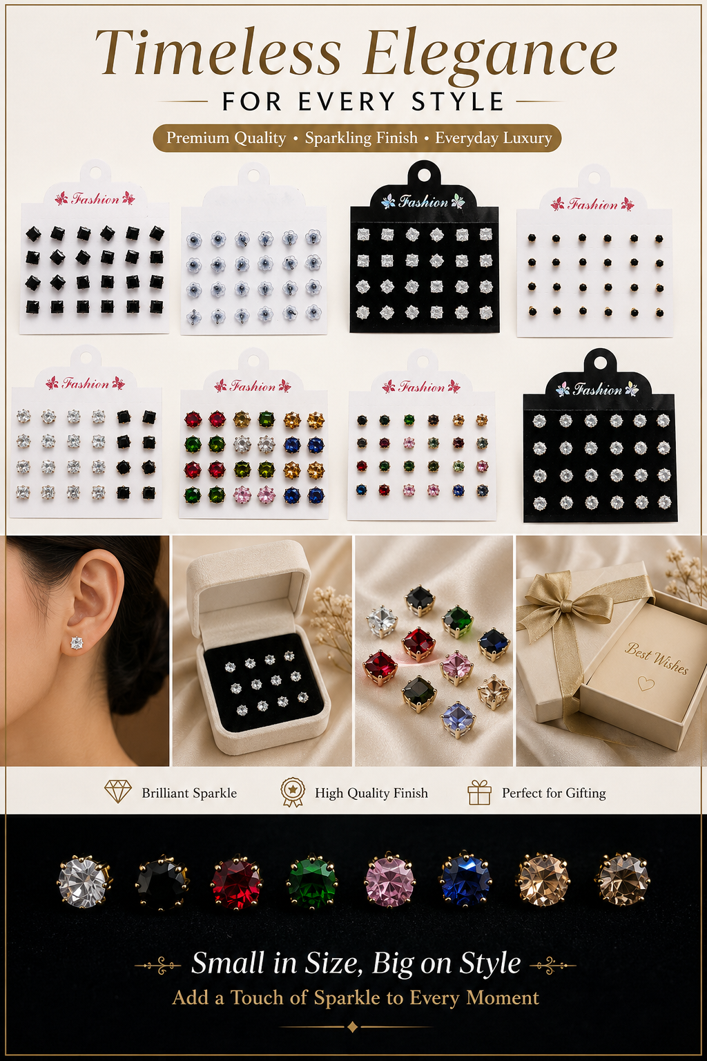 12-pair clear princess-cut square CZ stud earrings set on black Fashion display card with silver 4-prong settings and butterfly backs shown on white card reverse – AureliaBlends everyday stud earrings set