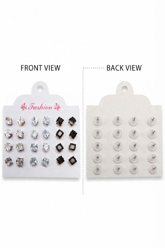 AureliaBlends CZ crystal stud earrings set lifestyle shot showing mixed clear round CZ and black square CZ stud earrings set on white Fashion display card – everyday stud earrings multi-pack