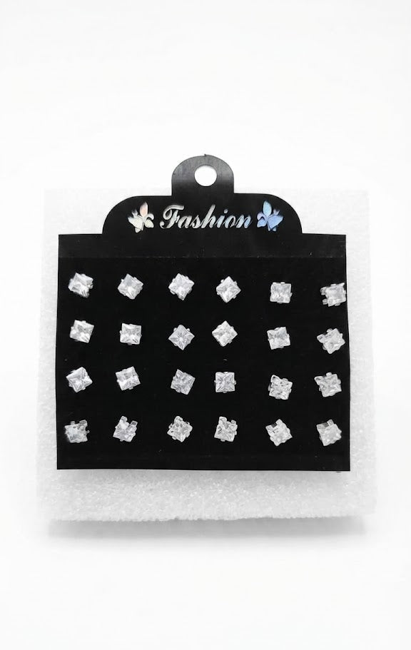 12-pair black faceted round crystal stud earrings set on white Fashion display card alongside 12-pair faux pearl and silver ball stud earrings set on white card – AureliaBlends multi-pack stud earrings