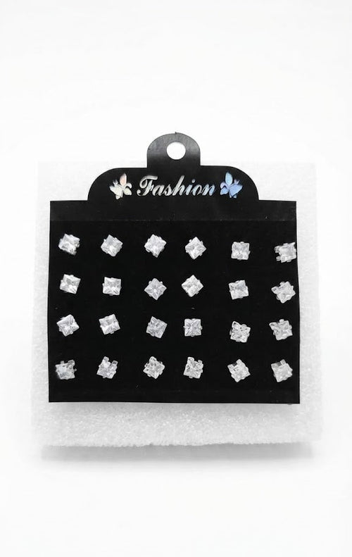 12-pair black faceted round crystal stud earrings set on white Fashion display card alongside 12-pair faux pearl and silver ball stud earrings set on white card – AureliaBlends multi-pack stud earrings